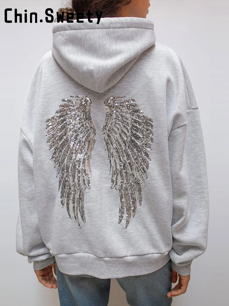 Casual Sequined Angel Wings Oversized Hoodie Women Loose Grey Long Sleeve Street Warm Pullover 2025 Winter Lady Daily Wear New