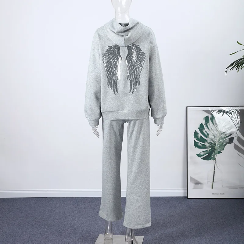 Casual Sequined Angel Wings Oversized Hoodie Women Loose Grey Long Sleeve Street Warm Pullover 2025 Winter Lady Daily Wear New