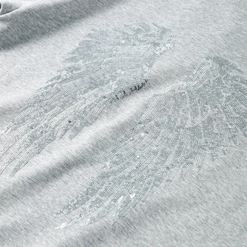 Casual Sequined Angel Wings Oversized Hoodie Women Loose Grey Long Sleeve Street Warm Pullover 2025 Winter Lady Daily Wear New