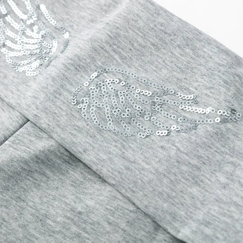 Casual Sequined Angel Wings Oversized Hoodie Women Loose Grey Long Sleeve Street Warm Pullover 2025 Winter Lady Daily Wear New