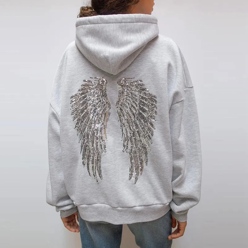 Casual Sequined Angel Wings Oversized Hoodie Women Loose Grey Long Sleeve Street Warm Pullover 2025 Winter Lady Daily Wear New