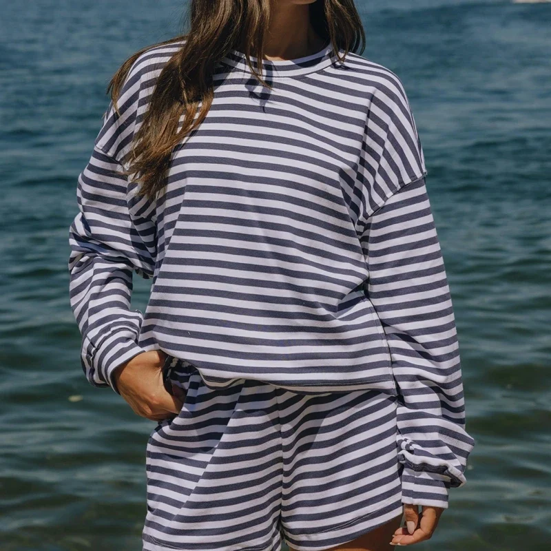 Combhasaki Women 2Piece Striped Y2k Outfits Set Casual Long Sleeve Crew Neck Shirt Tops+Elastic Waist Wide Leg Shorts Tracksuits
