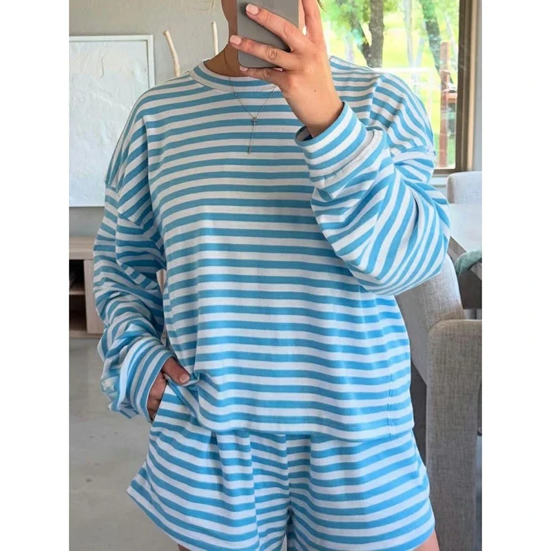 Combhasaki Women 2Piece Striped Y2k Outfits Set Casual Long Sleeve Crew Neck Shirt Tops+Elastic Waist Wide Leg Shorts Tracksuits