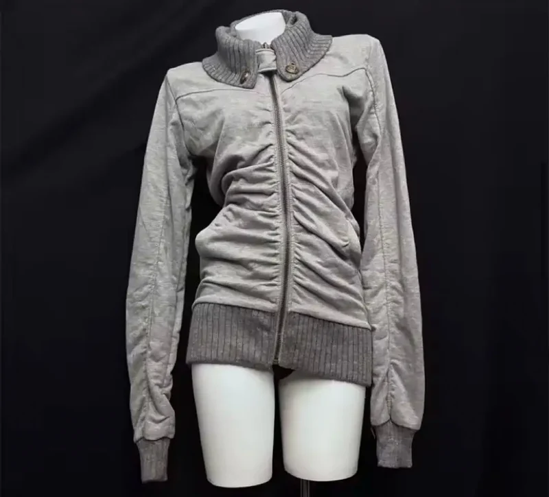 American Street Style Retro Pleated Turtleneck Zipper Hoodie Womens Grey Oversized Hoodie with Ribbed Cuffs Y2K Style Jacket