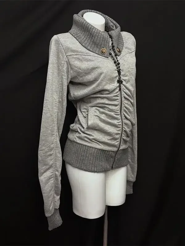 American Street Style Retro Pleated Turtleneck Zipper Hoodie Womens Grey Oversized Hoodie with Ribbed Cuffs Y2K Style Jacket