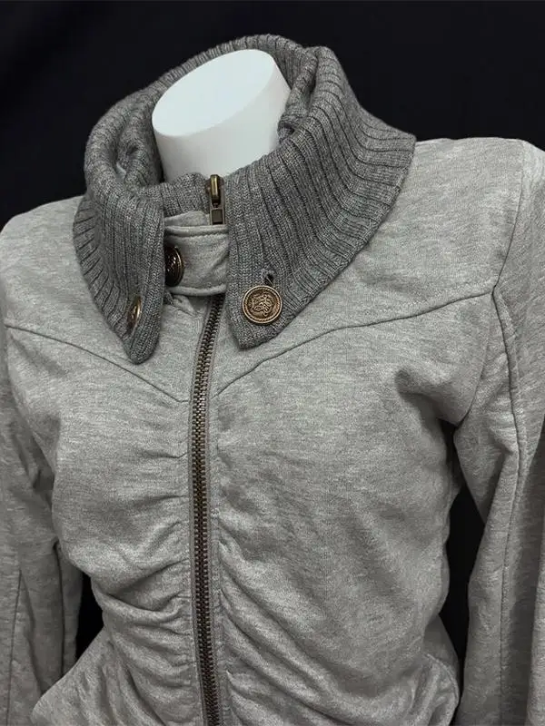 American Street Style Retro Pleated Turtleneck Zipper Hoodie Womens Grey Oversized Hoodie with Ribbed Cuffs Y2K Style Jacket