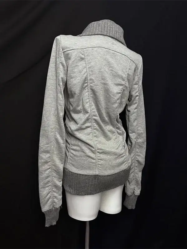 American Street Style Retro Pleated Turtleneck Zipper Hoodie Womens Grey Oversized Hoodie with Ribbed Cuffs Y2K Style Jacket