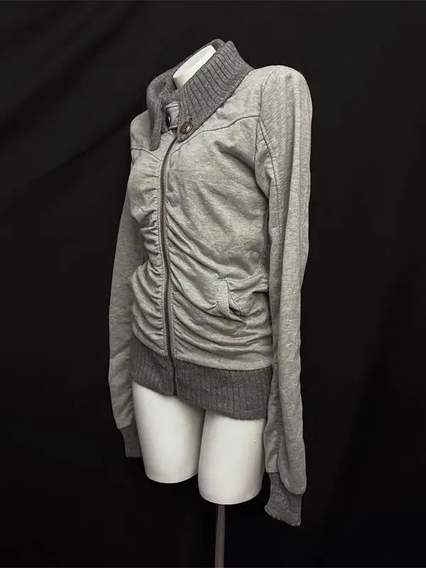 American Street Style Retro Pleated Turtleneck Zipper Hoodie Womens Grey Oversized Hoodie with Ribbed Cuffs Y2K Style Jacket