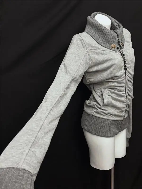 American Street Style Retro Pleated Turtleneck Zipper Hoodie Womens Grey Oversized Hoodie with Ribbed Cuffs Y2K Style Jacket