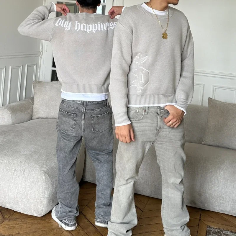 Round Neck Knitted Loose Pullover Oversized Men Full Sleeve Sweater Gothic Embroidery Daily Street Commute Y2k Outfits