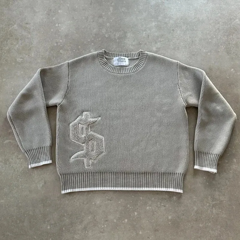 Round Neck Knitted Loose Pullover Oversized Men Full Sleeve Sweater Gothic Embroidery Daily Street Commute Y2k Outfits