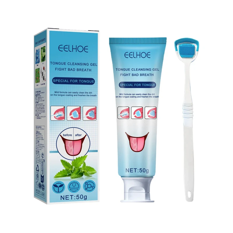 EELHOE Tongue Cleaning Gel with Brush Oral Care Removal Odor Health Fresh Breath Care Dental Hygiene Tools Coating Cleaning Kit