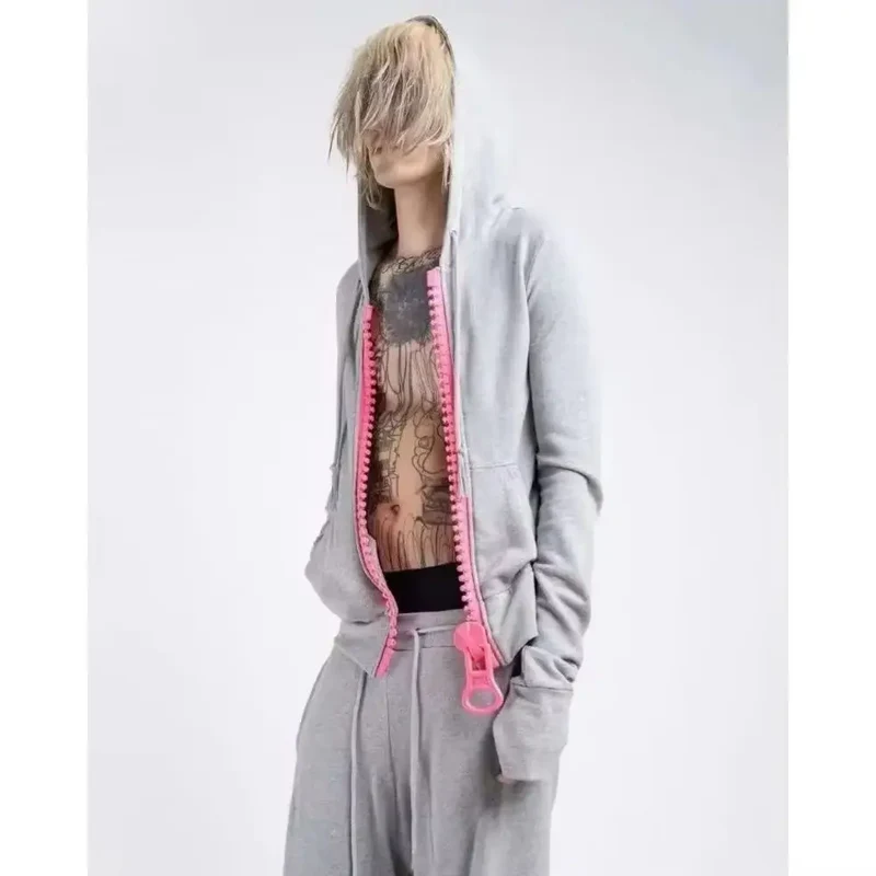 Y2K street Harajuku loose oversized zipper multi-pocket hoodie American fashion trend solid color oversized hoodie for women