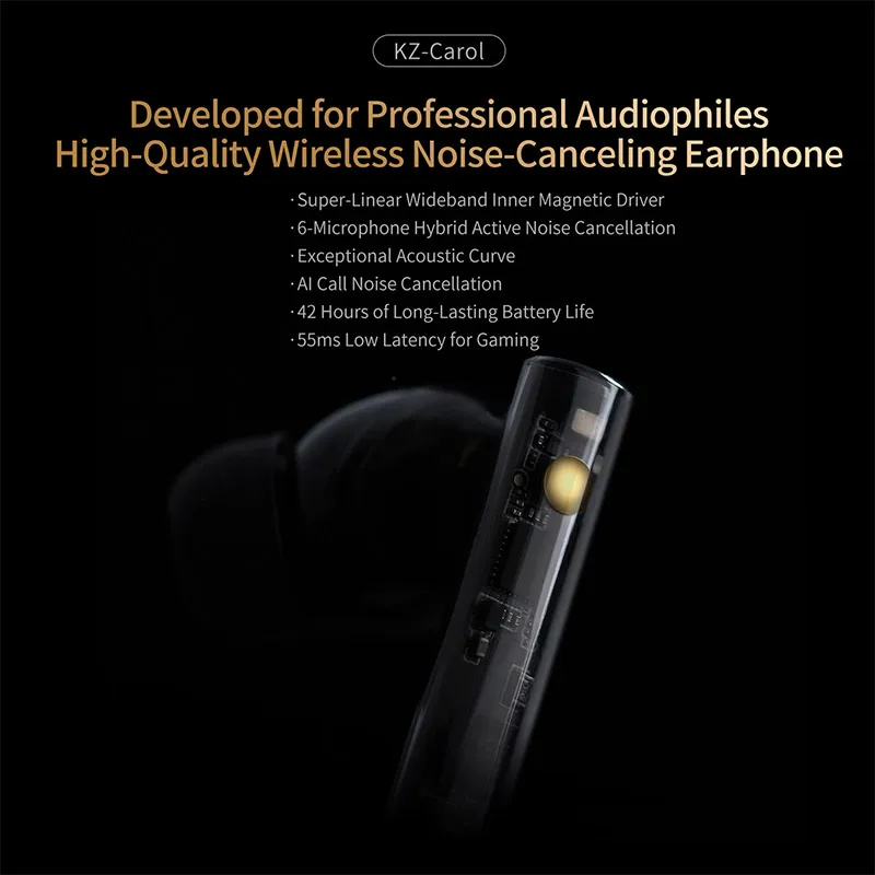 KZ Carol ANC True Wireless Earphone 55dB Active Noise Canceling TWS Headphone 6 Mics AI HD Call Bluetooth 5.3 HiFi in-Ear Earbud
