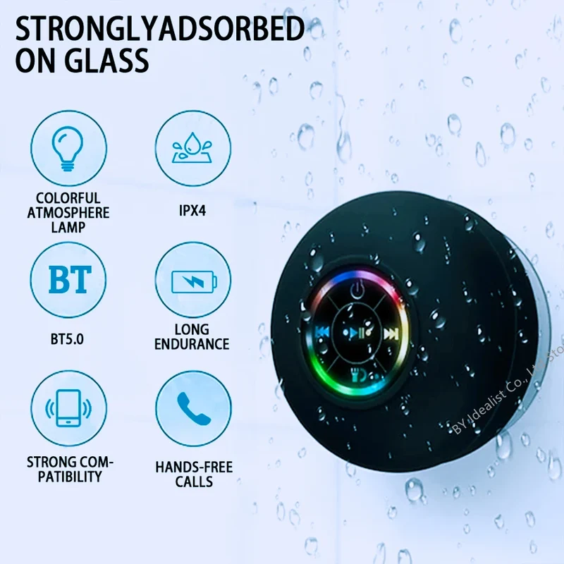 2025 Waterproof Wireless Led Bluetooth Speaker Large Suction Cup Bathroom Mini Portable Speakers Outdoor Sport Stereo Speakers