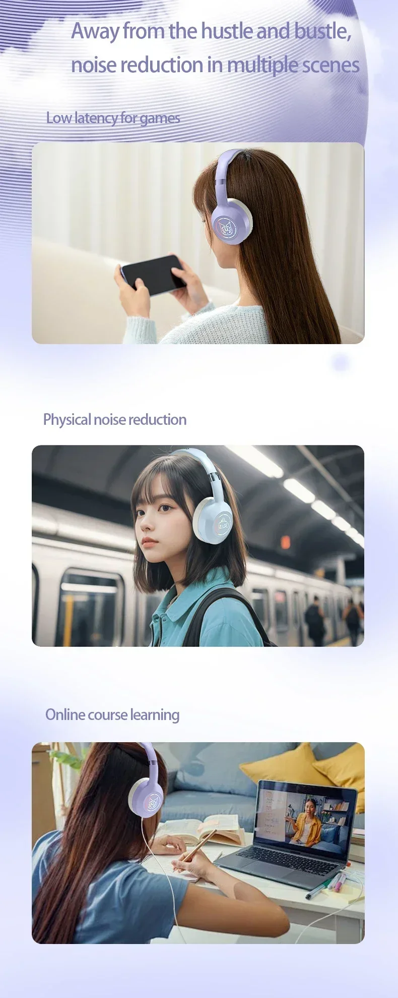 Sanrio Kuromi Bluetooth Headphones Cute My Melody Wireless Earphones Stereo Sound Noise Reduction Earbuds Anime Cartoon Gifts