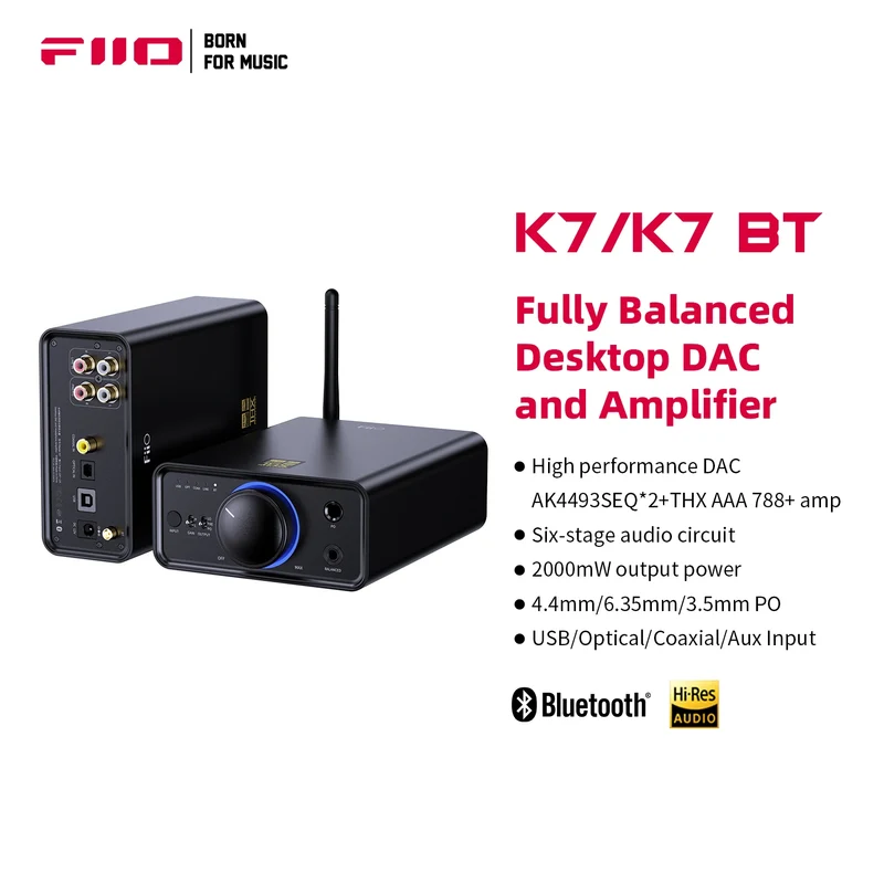 FiiO K7/K7BT Balanced HiFi DAC Headphone Amplifier AK4493S*2, XMOS XU208 PCM384kHz DSD256,USB/Optical/Coaxial/RCA Inputs
