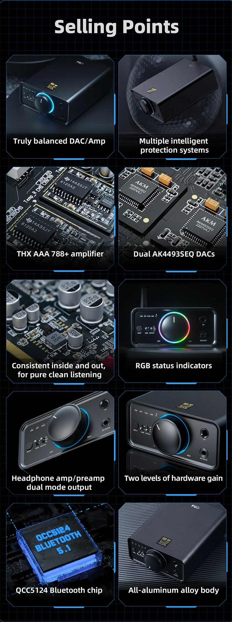 FiiO K7/K7BT Balanced HiFi DAC Headphone Amplifier AK4493S*2, XMOS XU208 PCM384kHz DSD256,USB/Optical/Coaxial/RCA Inputs