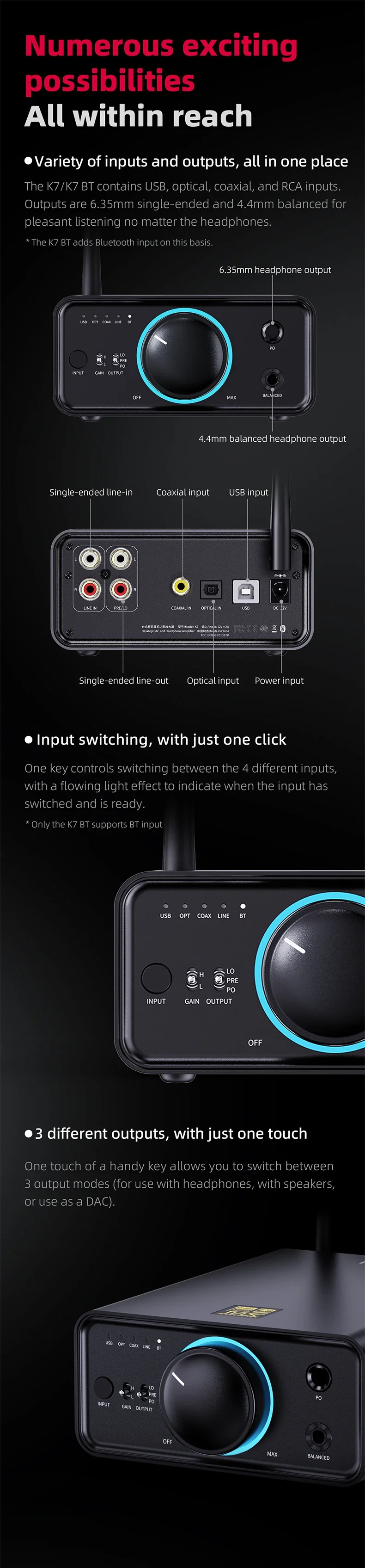 FiiO K7/K7BT Balanced HiFi DAC Headphone Amplifier AK4493S*2, XMOS XU208 PCM384kHz DSD256,USB/Optical/Coaxial/RCA Inputs