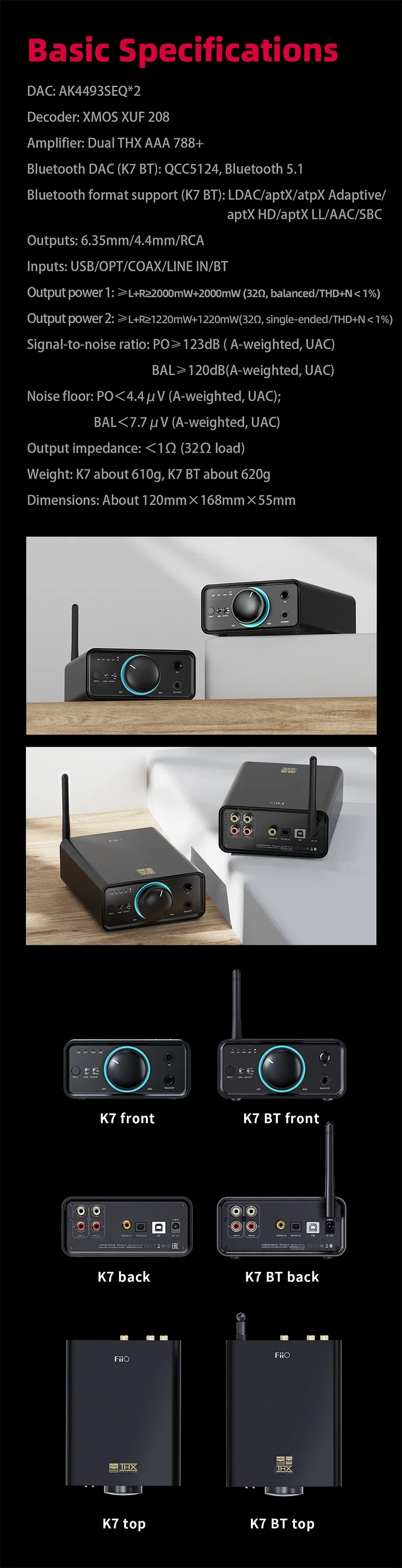 FiiO K7/K7BT Balanced HiFi DAC Headphone Amplifier AK4493S*2, XMOS XU208 PCM384kHz DSD256,USB/Optical/Coaxial/RCA Inputs