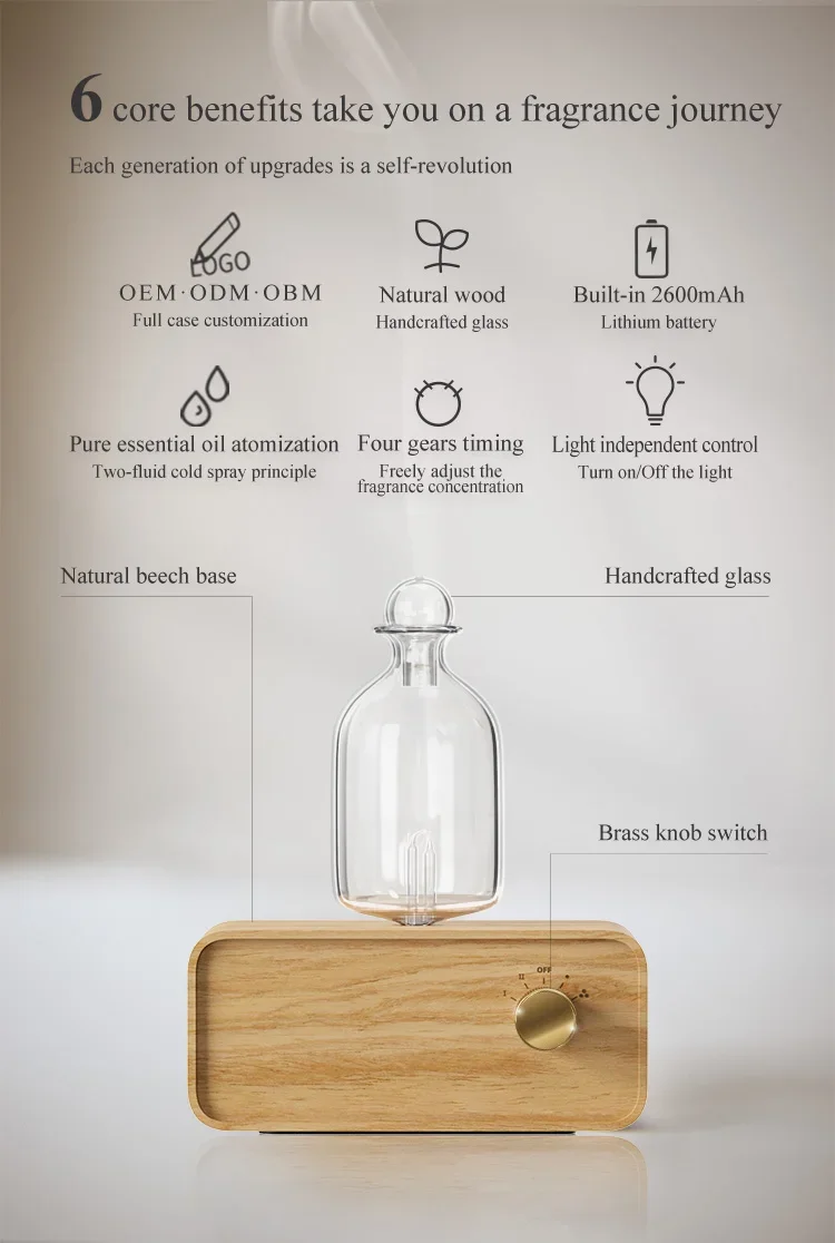 Rechargeable Essential Oil Diffuser Waterless Nebulizing Diffuser Electric Smell for Home Office Wood and Glass Aroma Diffuser