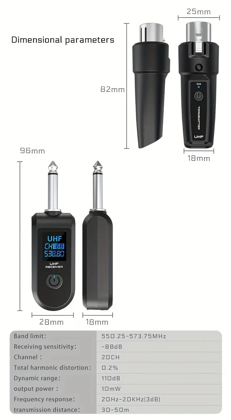 UHF Wireless Microphone System XLR Transmitter Receiver For Dynamic Mic Guitar Audio Mixer PA System