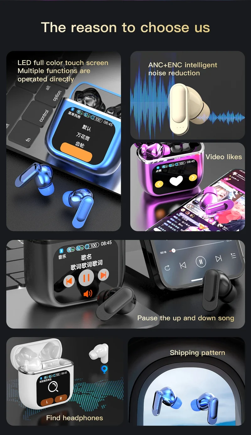 SE60 High quality Touch Screen ANC Wireless Earphones TWS Noise Cancelling Earbud Bluetooth 5.3 Long Battery life HiFi Headphone