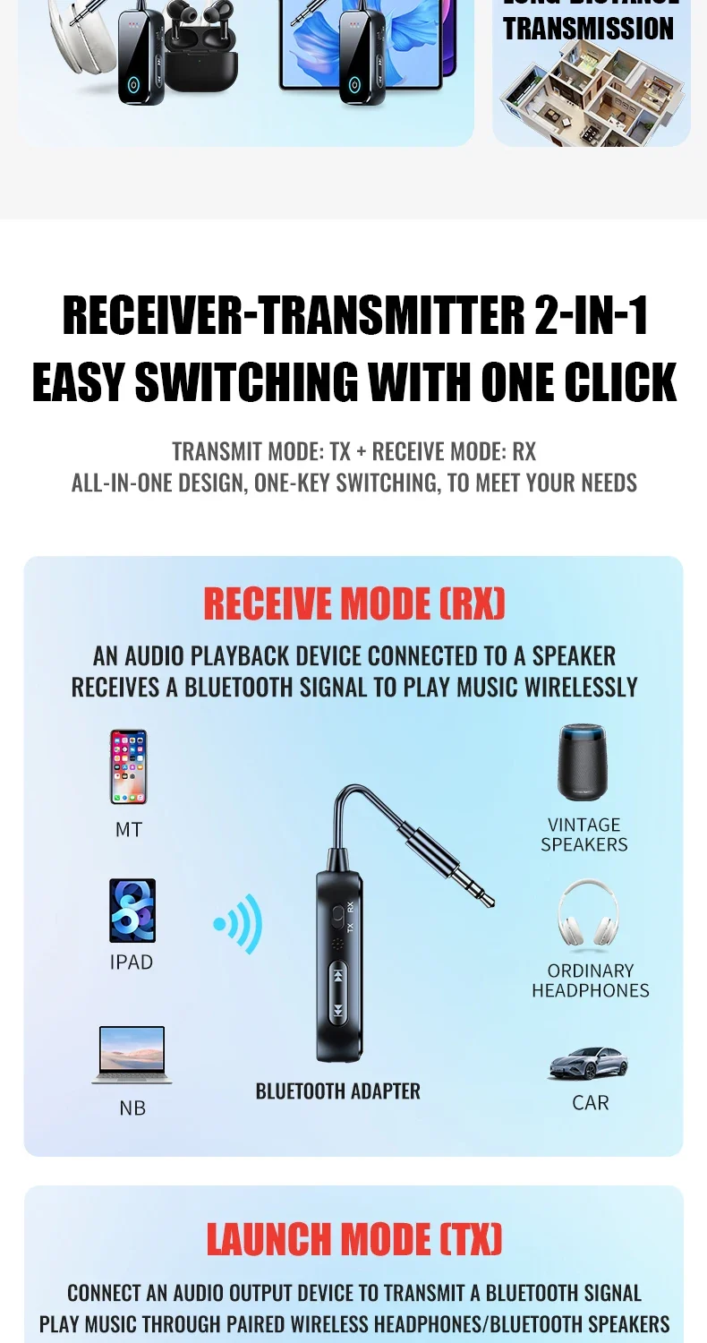 2 in 1 Bluetooth 5.4 Receiver Transmitter 3.5mm AUX Jack Airplane USB Dongle Wireless Audio Adapter For TV PC Speaker Car kit