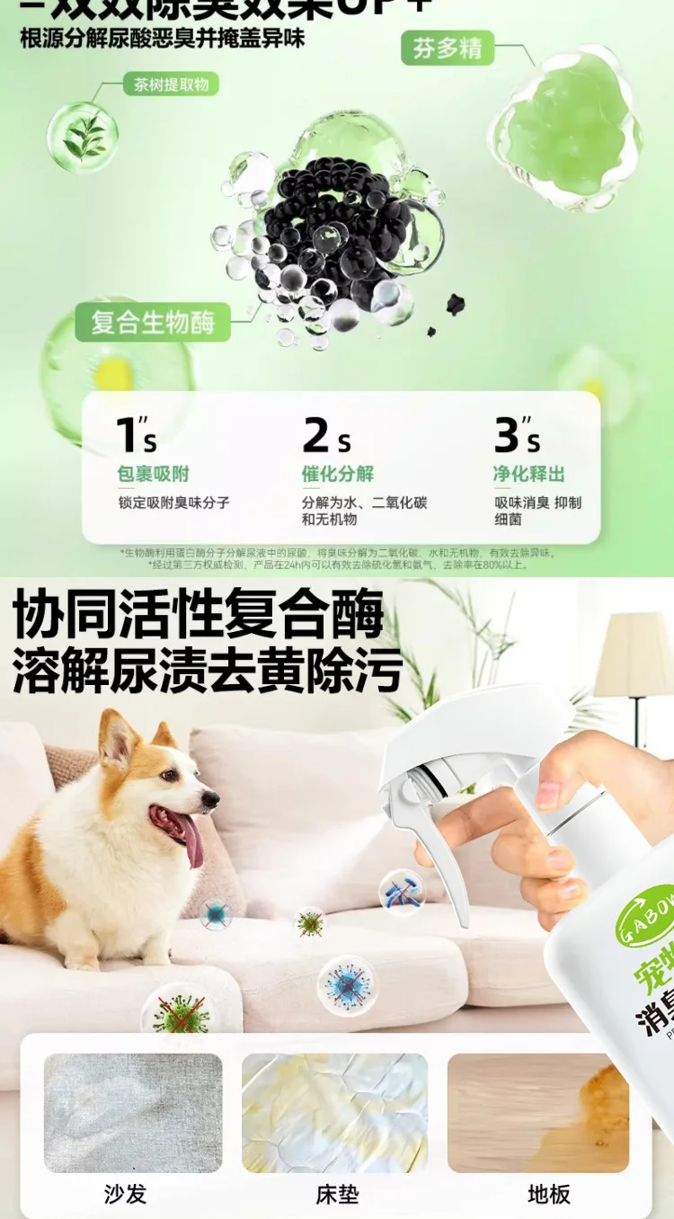 Pet deodorant, deodorant, deodorant, fragrance retaining, general antibacterial, urine removing, odor removing, spray, clear air