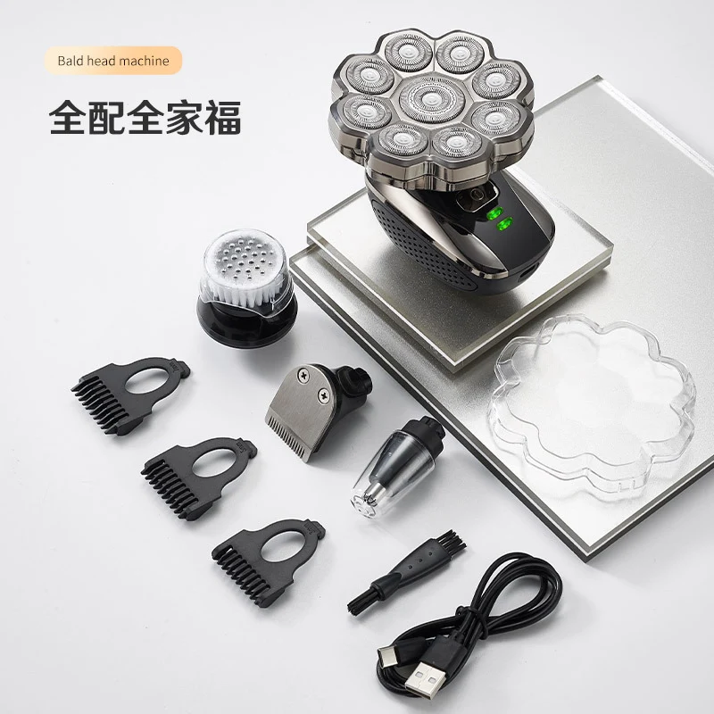 Cross-border nine-blade head bald self-service haircut artifact electric rechargeable razor magnetic suction head body washing knife