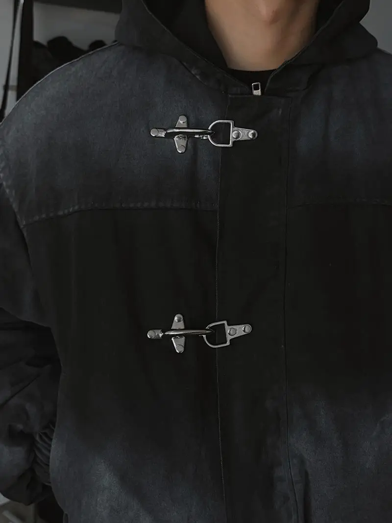 American Fashion Snap Fastener Loose Coat High Street Oversized Hoodie Y2k Retro Harajuku Punk Button Jacket Men Clothing
