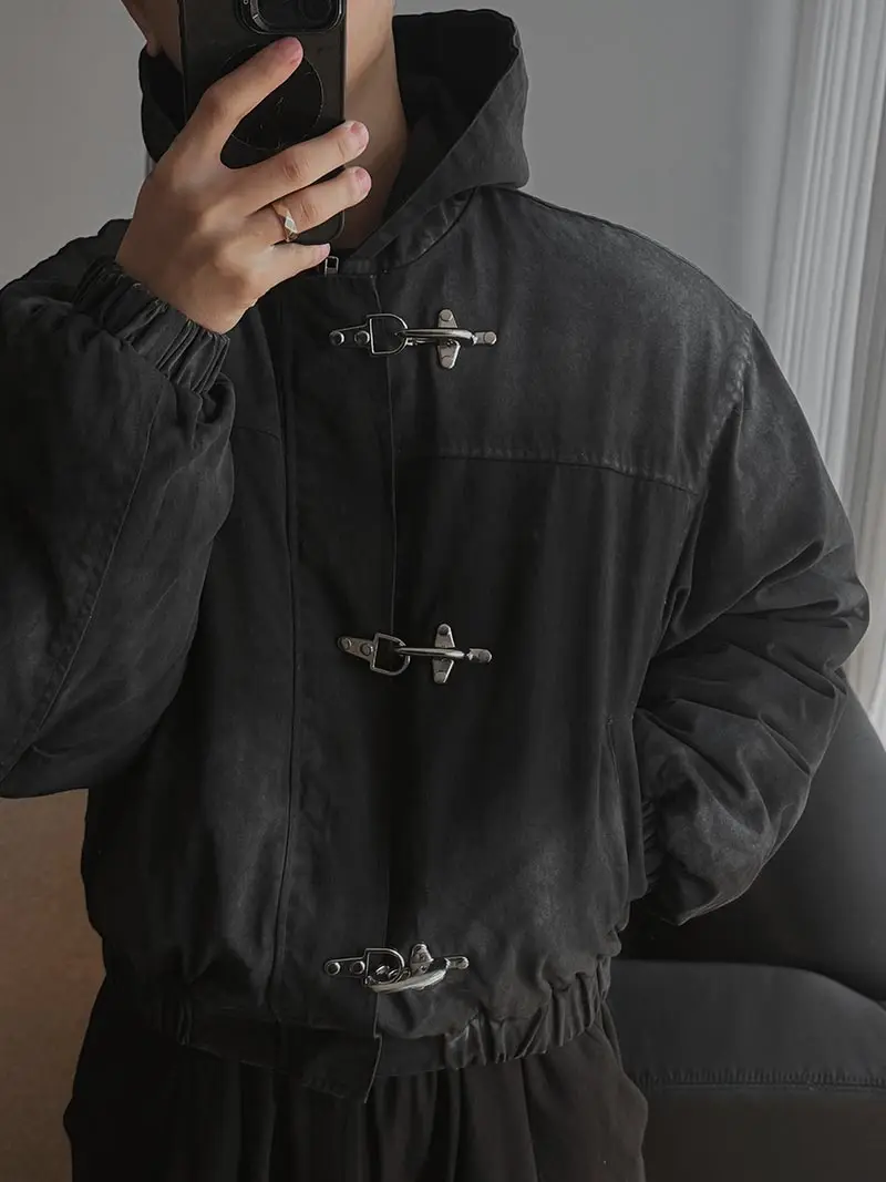 American Fashion Snap Fastener Loose Coat High Street Oversized Hoodie Y2k Retro Harajuku Punk Button Jacket Men Clothing