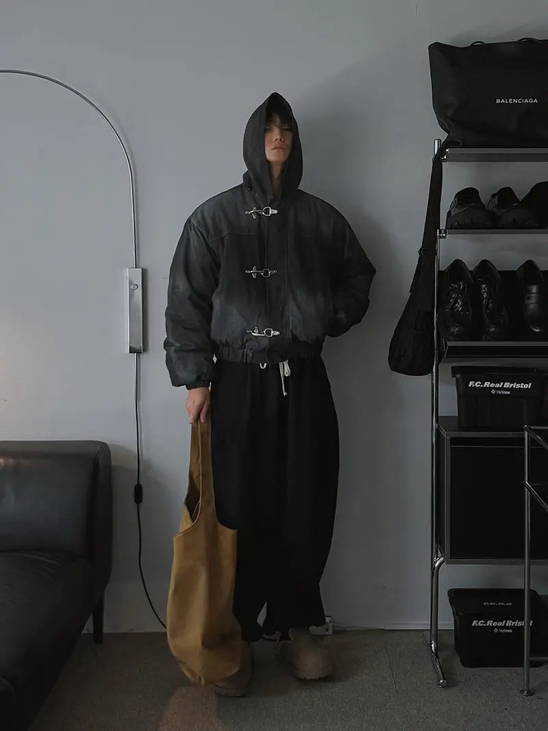 American Fashion Snap Fastener Loose Coat High Street Oversized Hoodie Y2k Retro Harajuku Punk Button Jacket Men Clothing