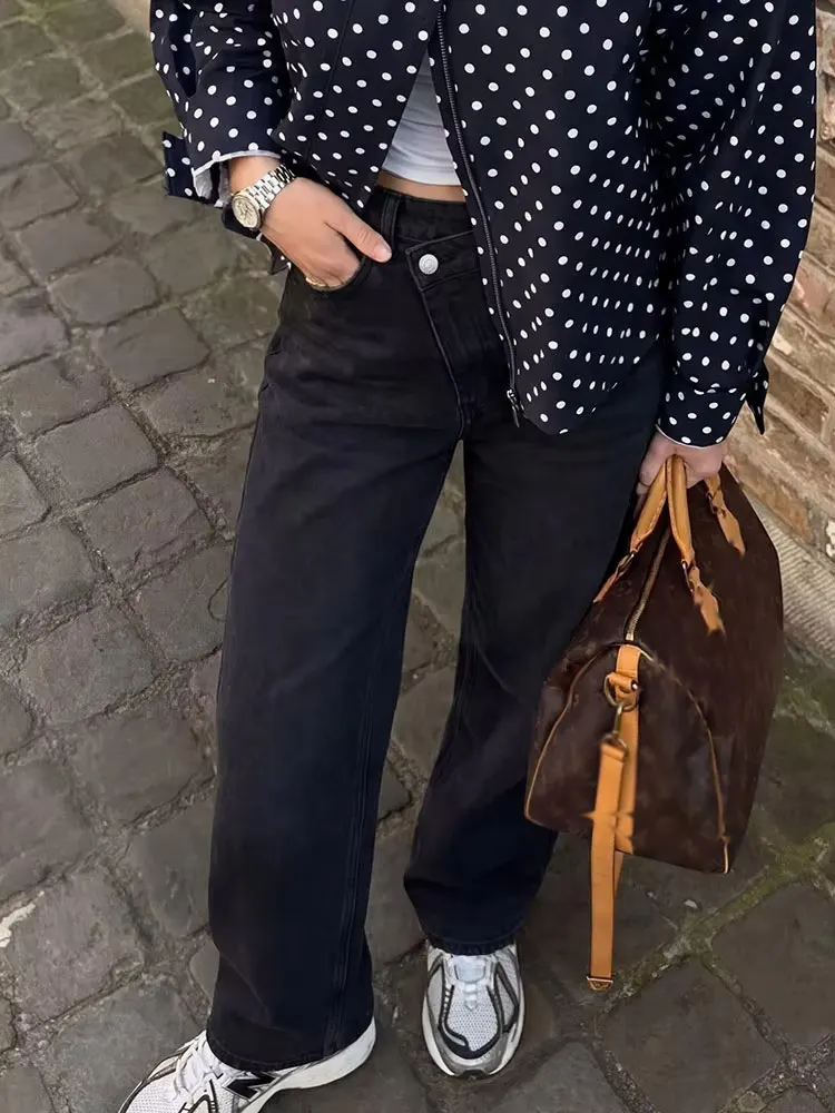 HH Women Trendy Cross Waist Wide Leg Jeans Asymmetrical Button Fly High Waist Baggy Denim Pants For Streetwear Y2K Outfits