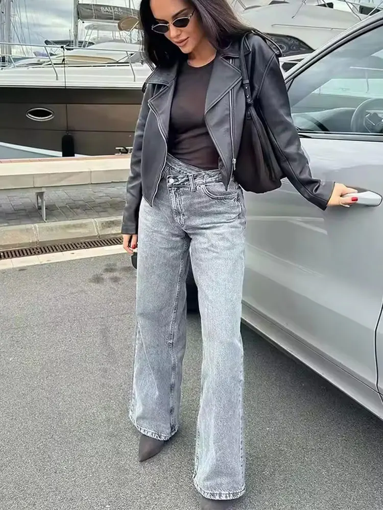 HH Women Trendy Cross Waist Wide Leg Jeans Asymmetrical Button Fly High Waist Baggy Denim Pants For Streetwear Y2K Outfits