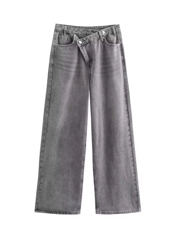 HH Women Trendy Cross Waist Wide Leg Jeans Asymmetrical Button Fly High Waist Baggy Denim Pants For Streetwear Y2K Outfits