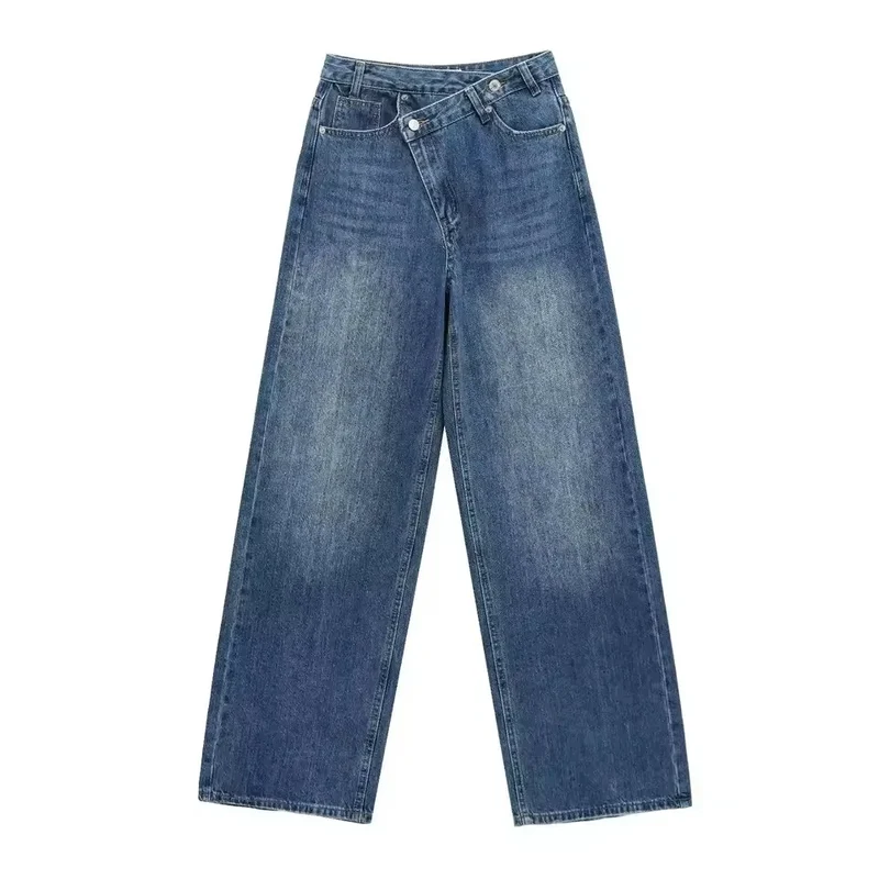 HH Women Trendy Cross Waist Wide Leg Jeans Asymmetrical Button Fly High Waist Baggy Denim Pants For Streetwear Y2K Outfits