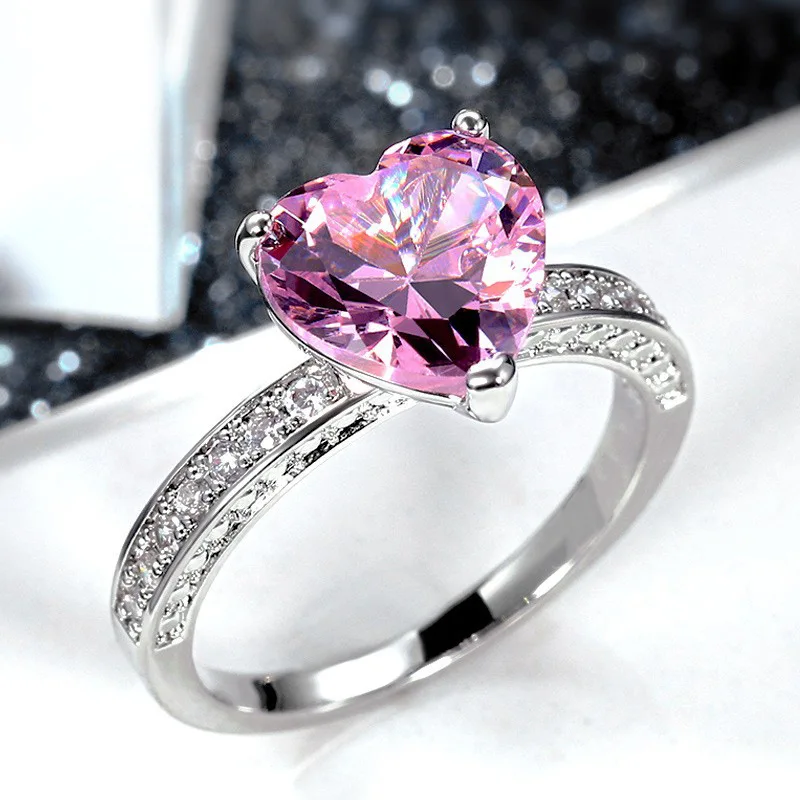 Q245 Heart Crystal & Rhinestone Ring 925 Silver Pave Setting Prong Engagement Women's Gemstone Ring