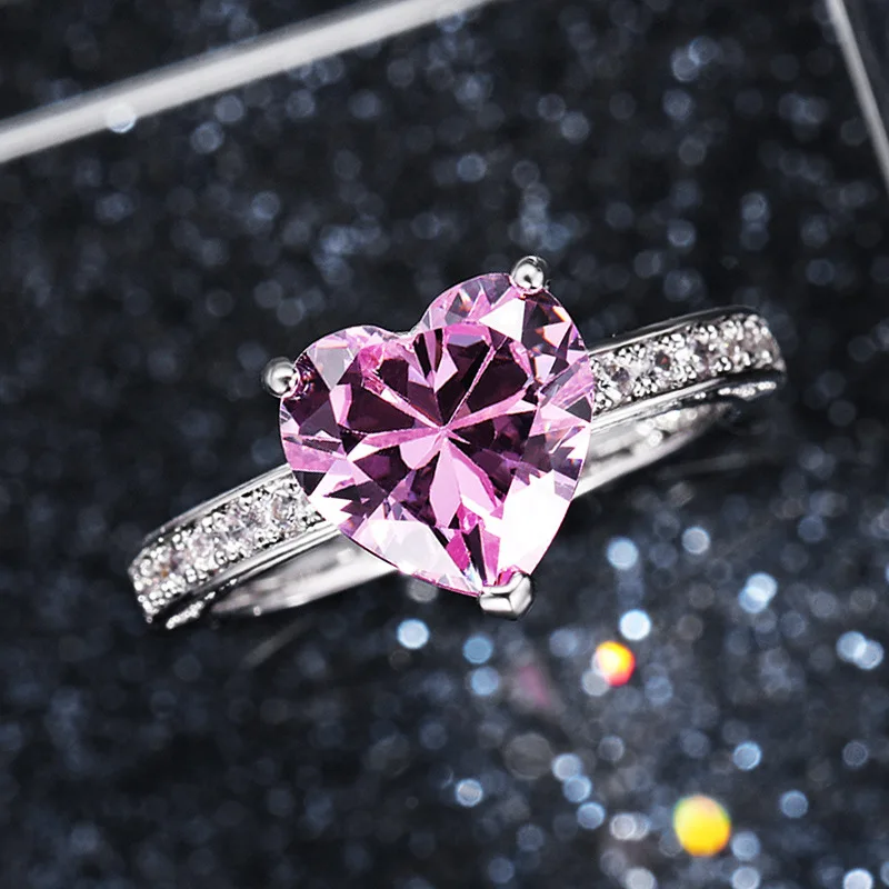 Q245 Heart Crystal & Rhinestone Ring 925 Silver Pave Setting Prong Engagement Women's Gemstone Ring