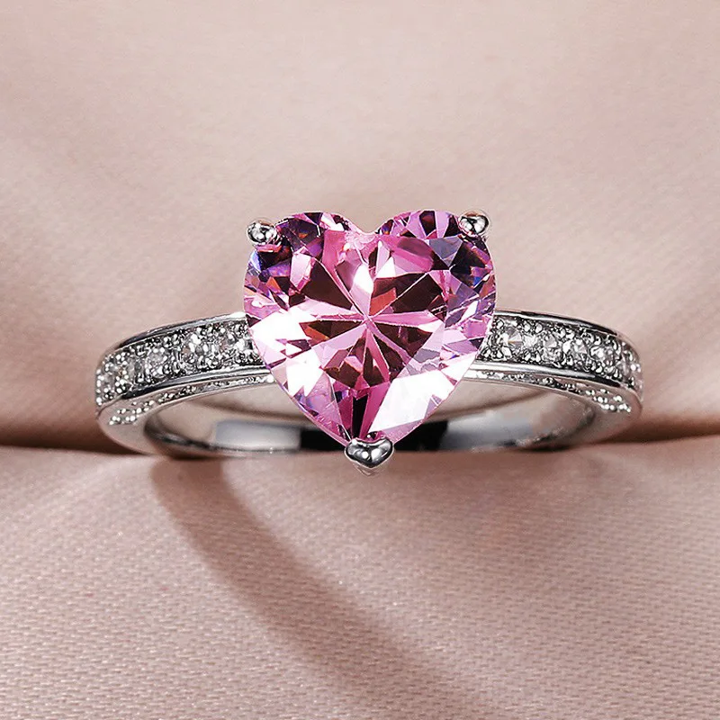 Q245 Heart Crystal & Rhinestone Ring 925 Silver Pave Setting Prong Engagement Women's Gemstone Ring