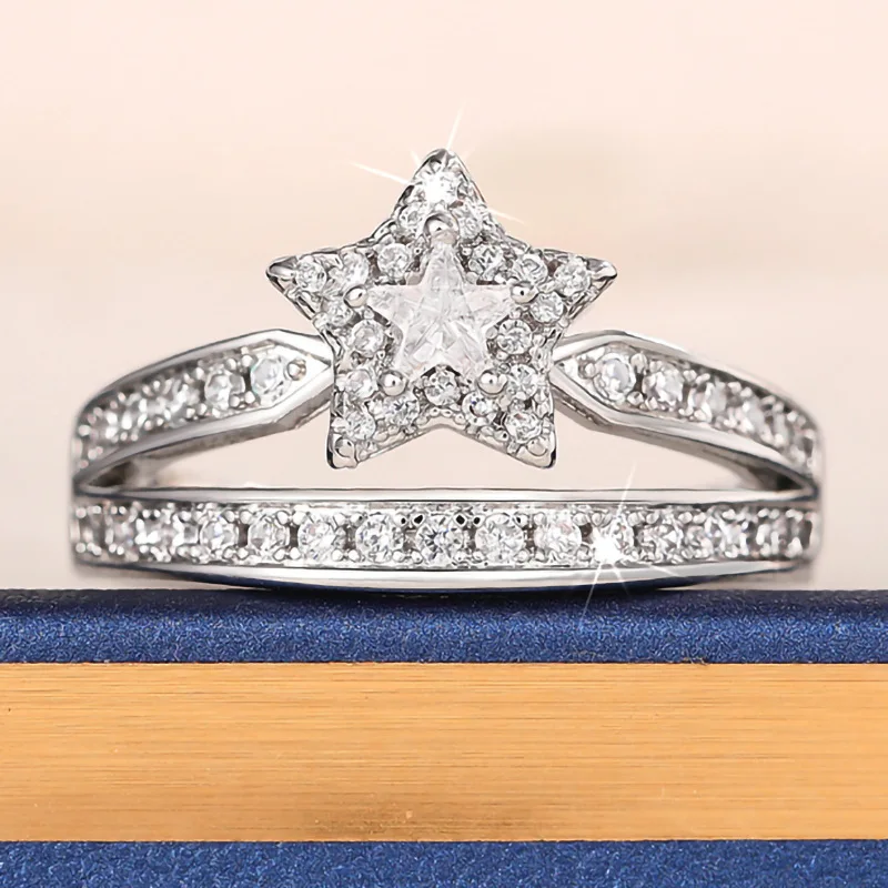 T0206 Silver Diamond Ring Princess Cut Natural G Color Women's Engagement Ring With Side Stones