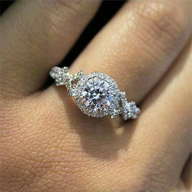Q525 Women's White Gold Diamond Engagement Ring Round Brilliant Cut Natural G Color Halo Design