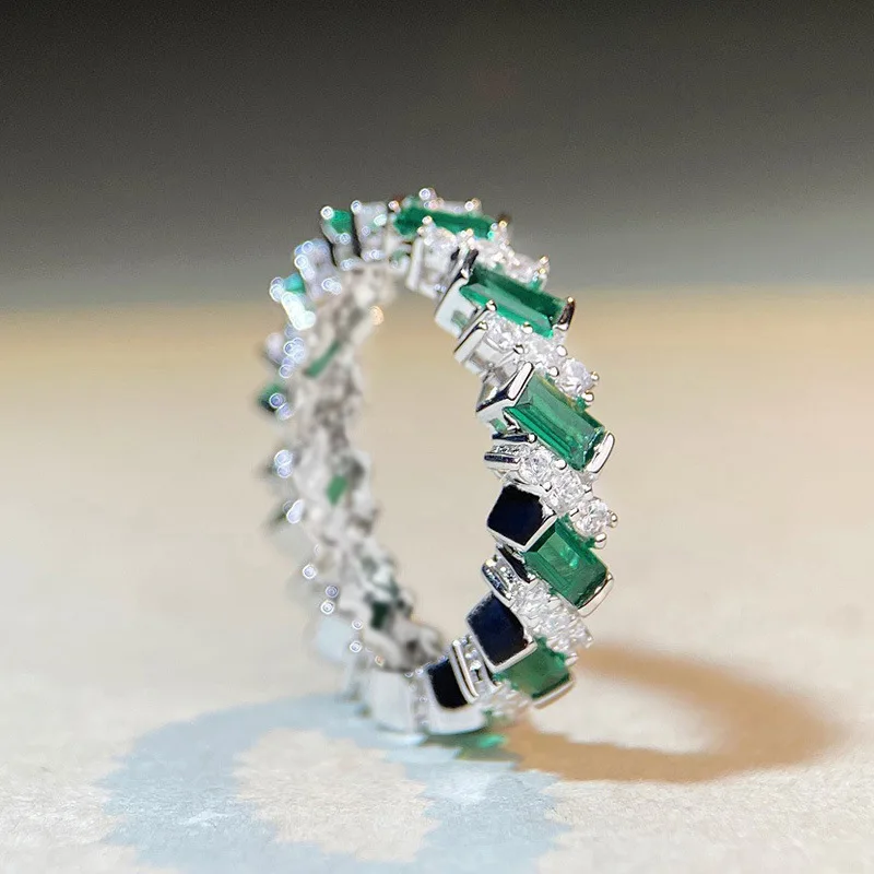 T0202 Emerald Silver Ring Geometric Design Engagement Unisex Jewelry