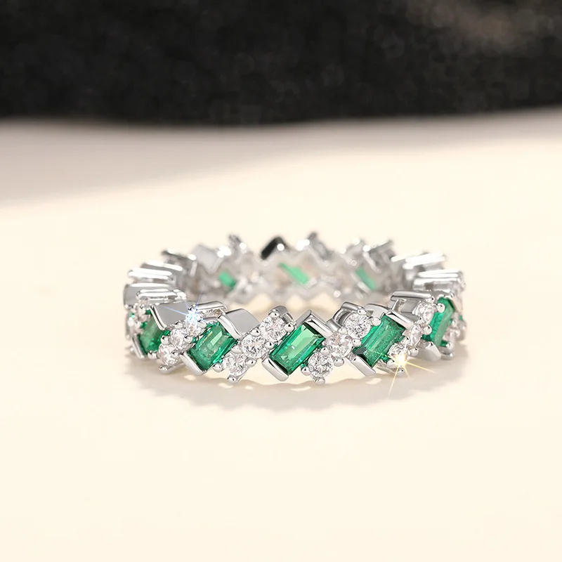 T0202 Emerald Silver Ring Geometric Design Engagement Unisex Jewelry