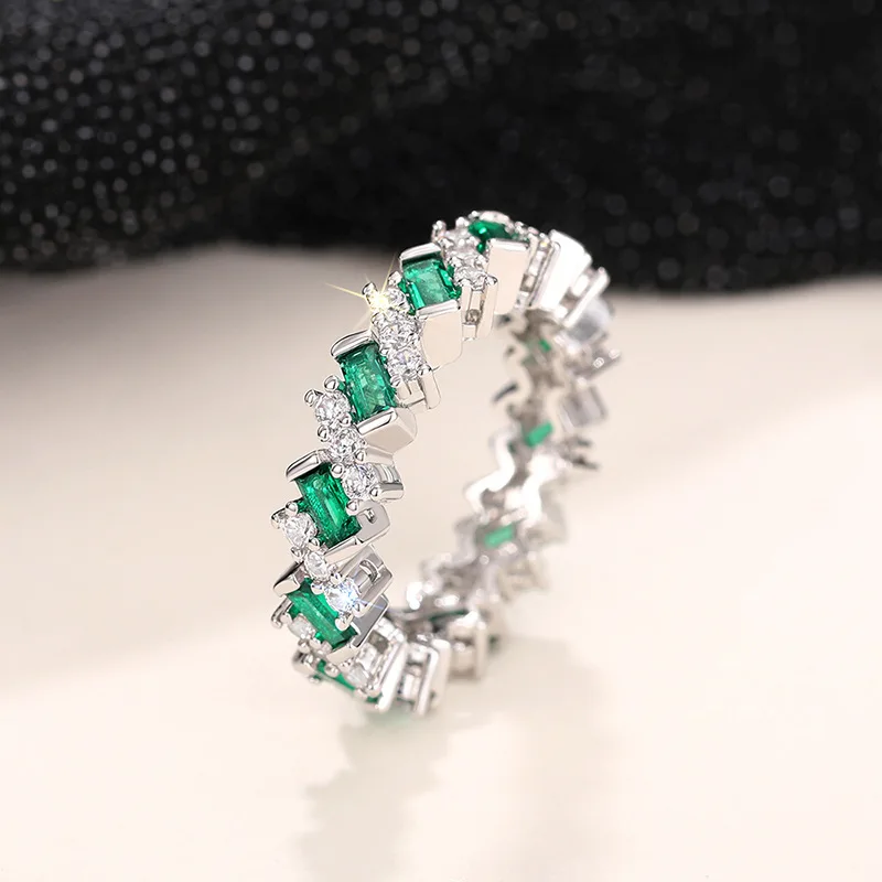 T0202 Emerald Silver Ring Geometric Design Engagement Unisex Jewelry