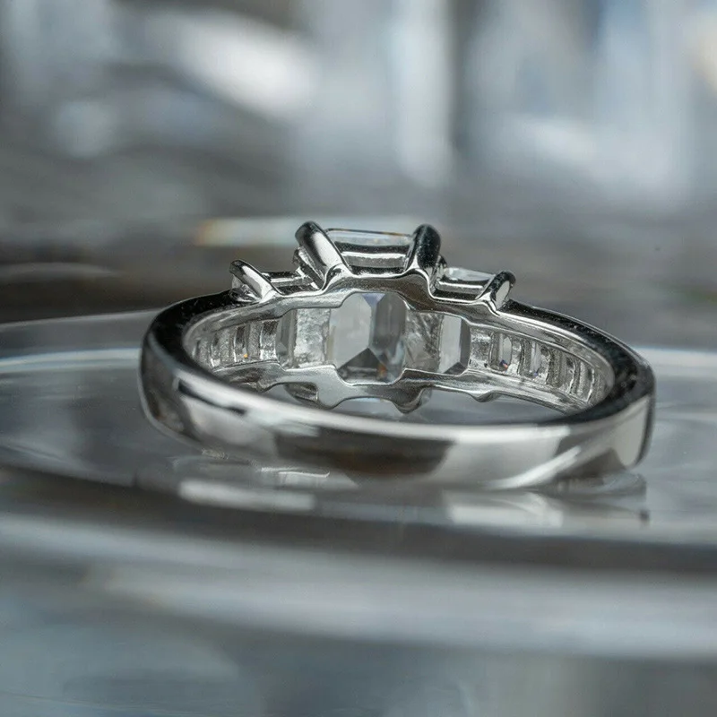Platinum Emerald Cut Diamond Ring With Baguette Side Stones Natural D Color Women's Engagement Ring F859