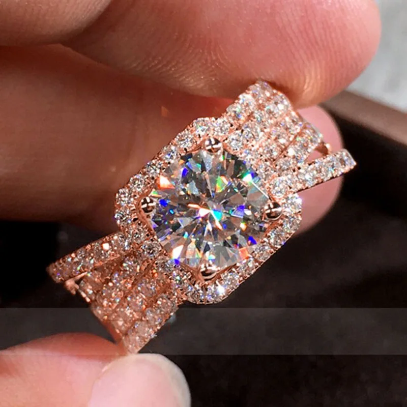 F842 Rose Gold Diamond Ring Round Brilliant Cut Natural G Color Engagement Women's Jewelry