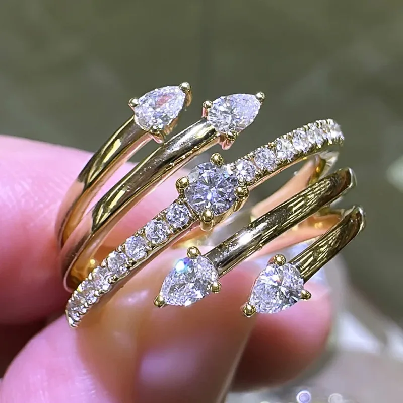 T0024 Women's Diamond Engagement Ring Pear Shape Prong Setting Natural Stone Fashion Rings