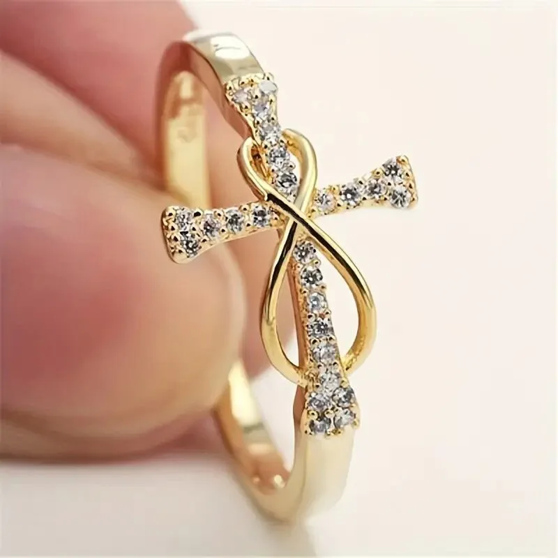 H332 Cross Ring Women's Gold Tone Cubic Zirconia Pave Setting Christian Religious Gift Fashion Jewelry