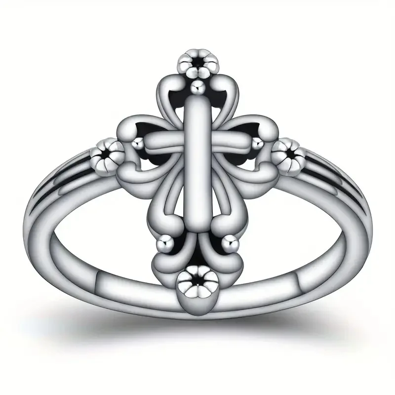 Silver Cross Ring Bezel Setting Unisex Christian Religious Ceremony Fine Jewelry T0653